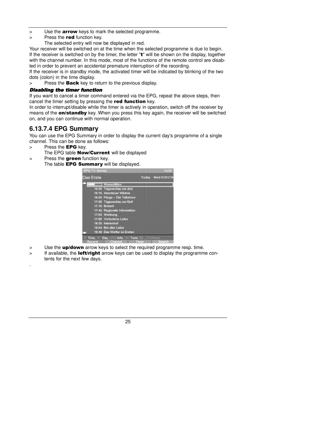 TechniSat CAM 1 plus instruction manual EPG Summary, Disabling the timer function 