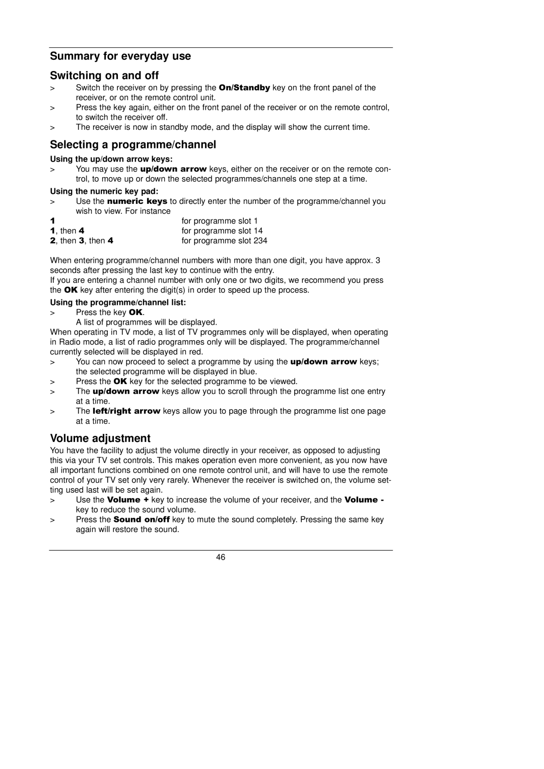 TechniSat CAM 1 plus Summary for everyday use Switching on and off, Selecting a programme/channel, Volume adjustment 