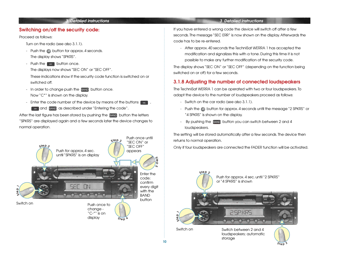 TechniSat Car Radio manual Switching on/off the security code, Adjusting the number of connected loudspeakers 