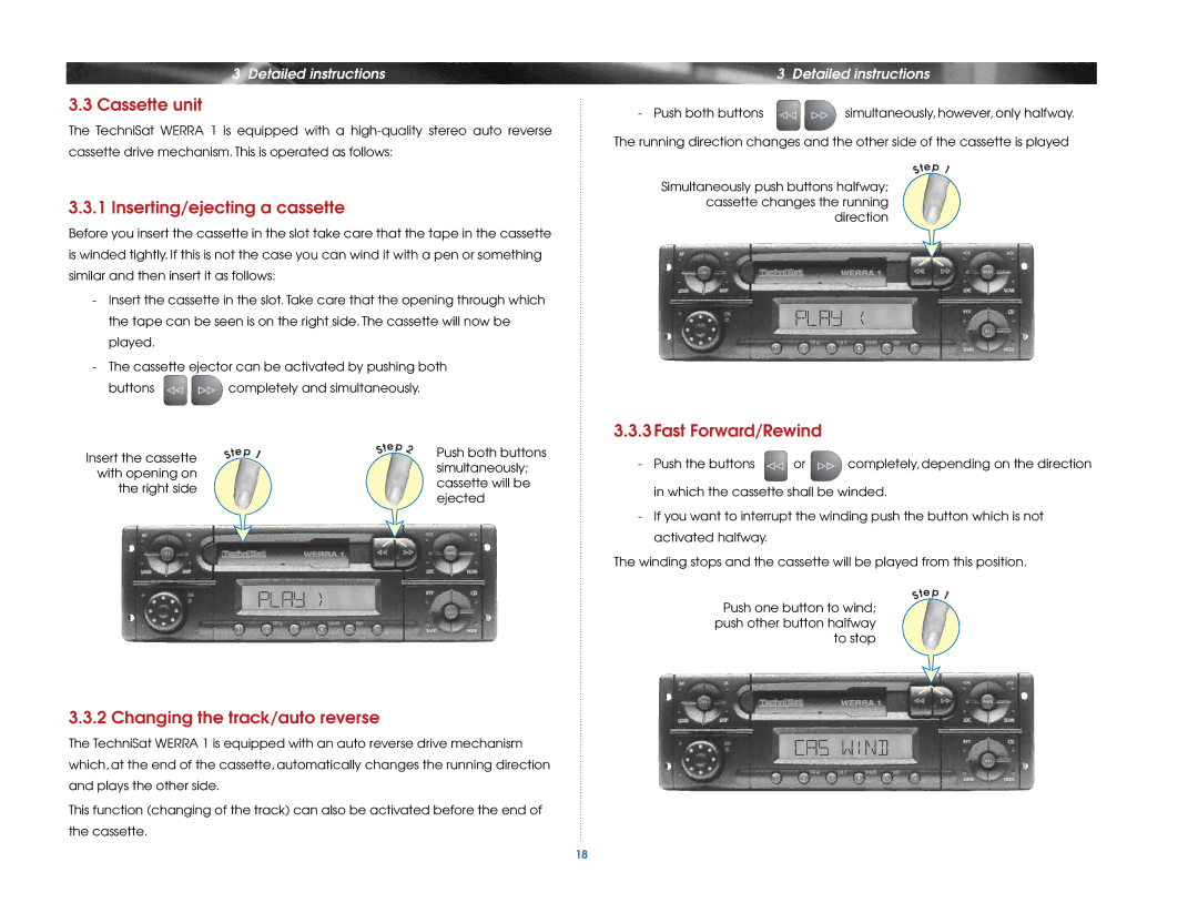 TechniSat Car Radio Cassette unit, Inserting/ejecting a cassette, Changing the track/auto reverse, 3Fast Forward/Rewind 