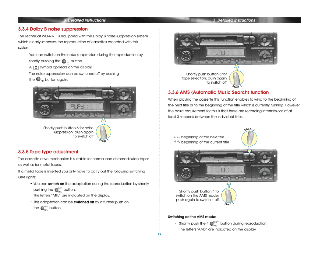 TechniSat Car Radio manual Dolby B noise suppression, Tape type adjustment, AMS Automatic Music Search function 