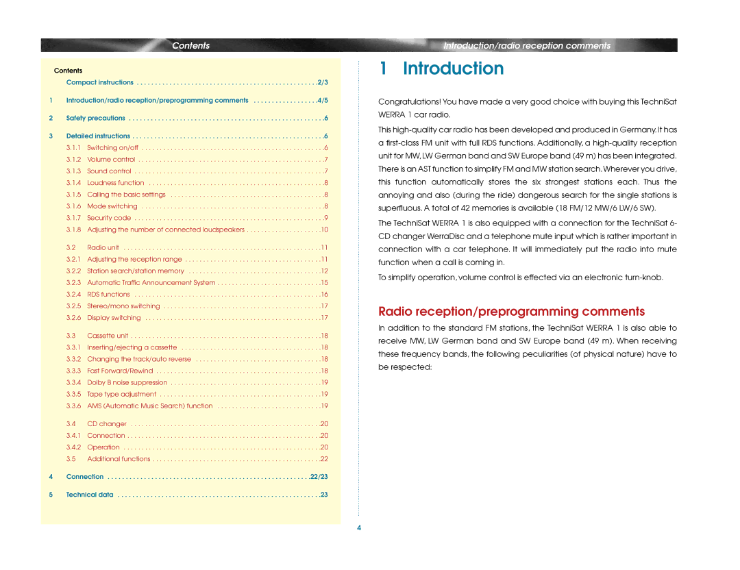 TechniSat Car Radio manual Introduction, Contents 