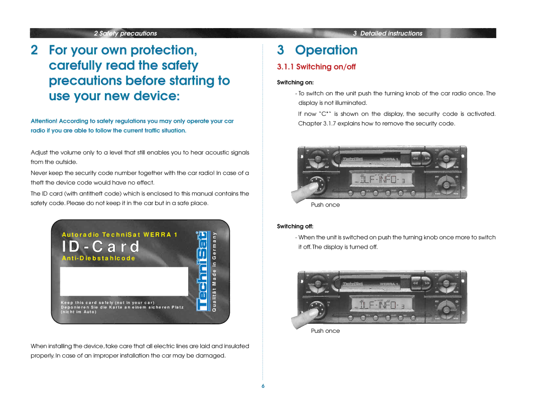 TechniSat Car Radio manual Operation, Switching on/off 