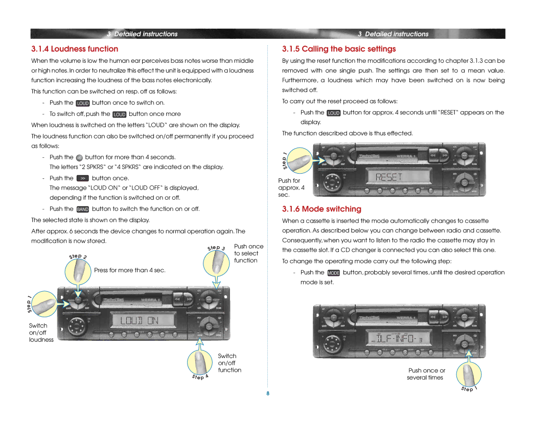 TechniSat Car Radio manual Loudness function, Calling the basic settings, Mode switching 