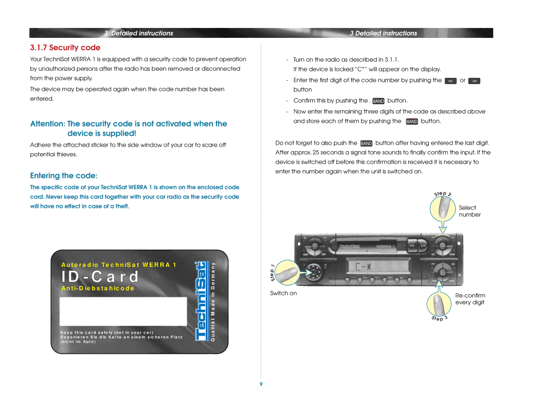 TechniSat Car Radio manual Security code, Entering the code 