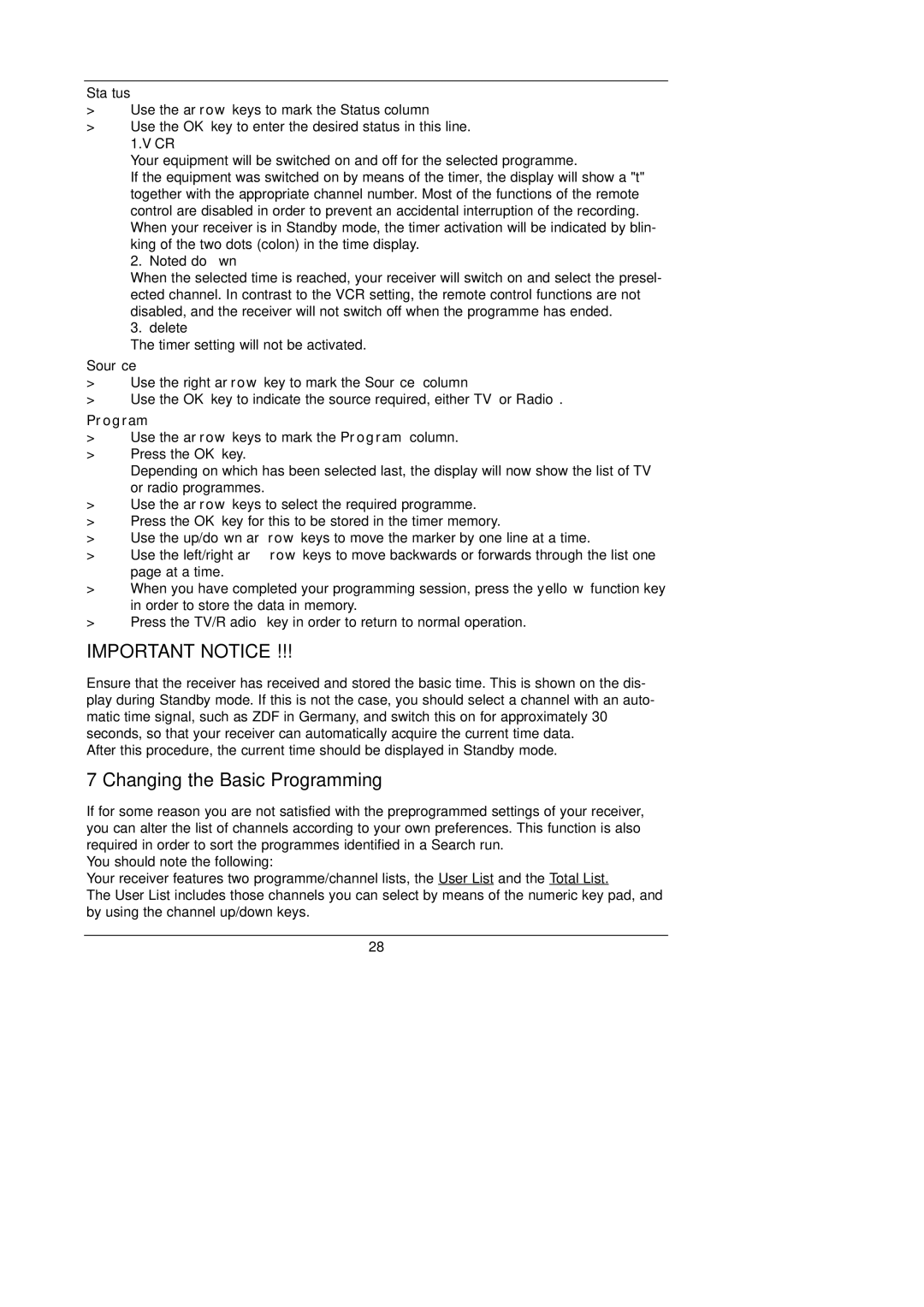 TechniSat DigiBox VIACCESS instruction manual Changing the Basic Programming, Vcr 