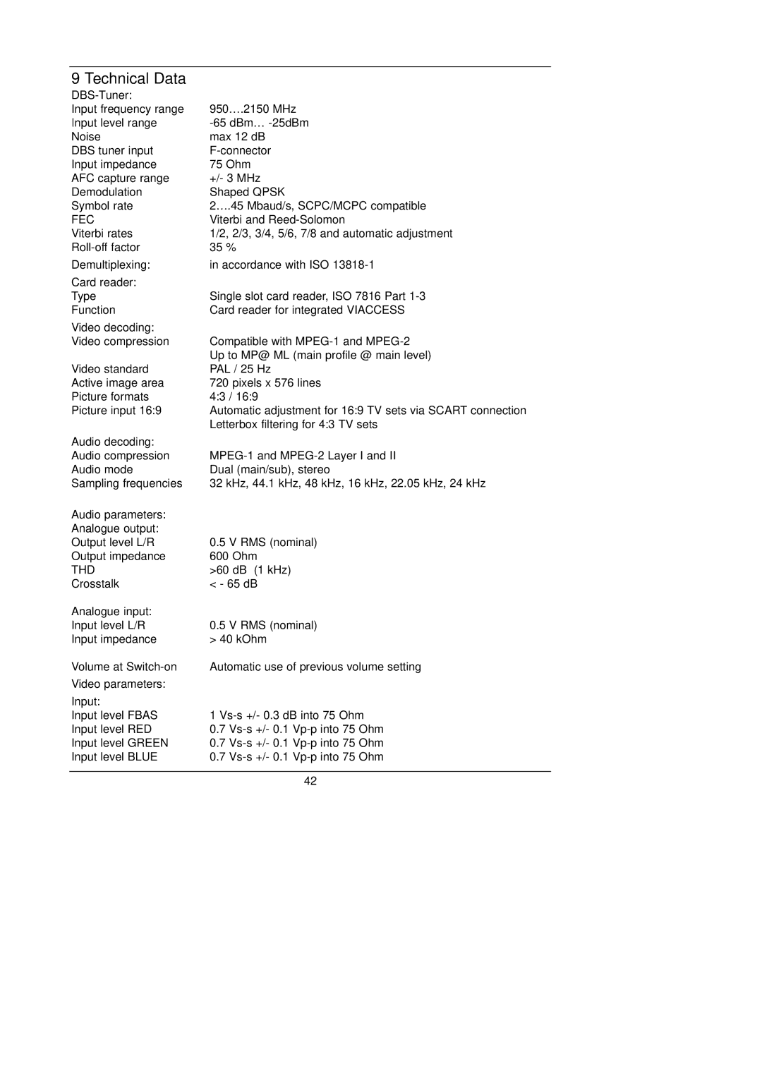 TechniSat DigiBox VIACCESS instruction manual Technical Data 