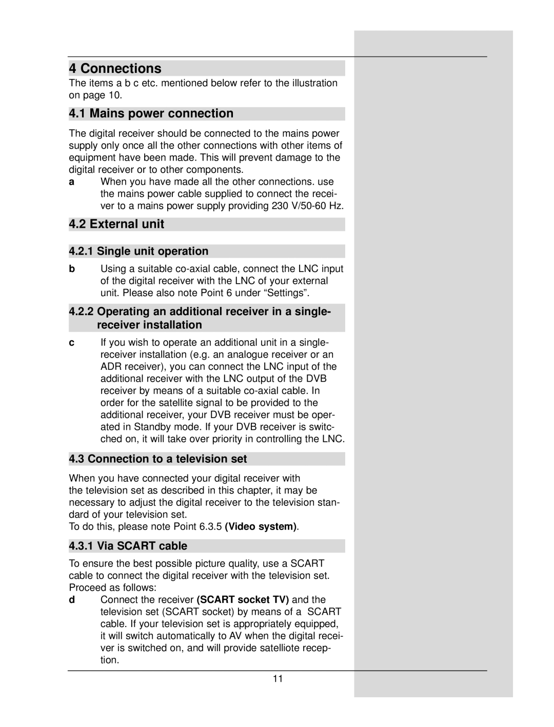 TechniSat DigiCorder S1 manual Connections, Single unit operation, Connection to a television set, Via Scart cable 