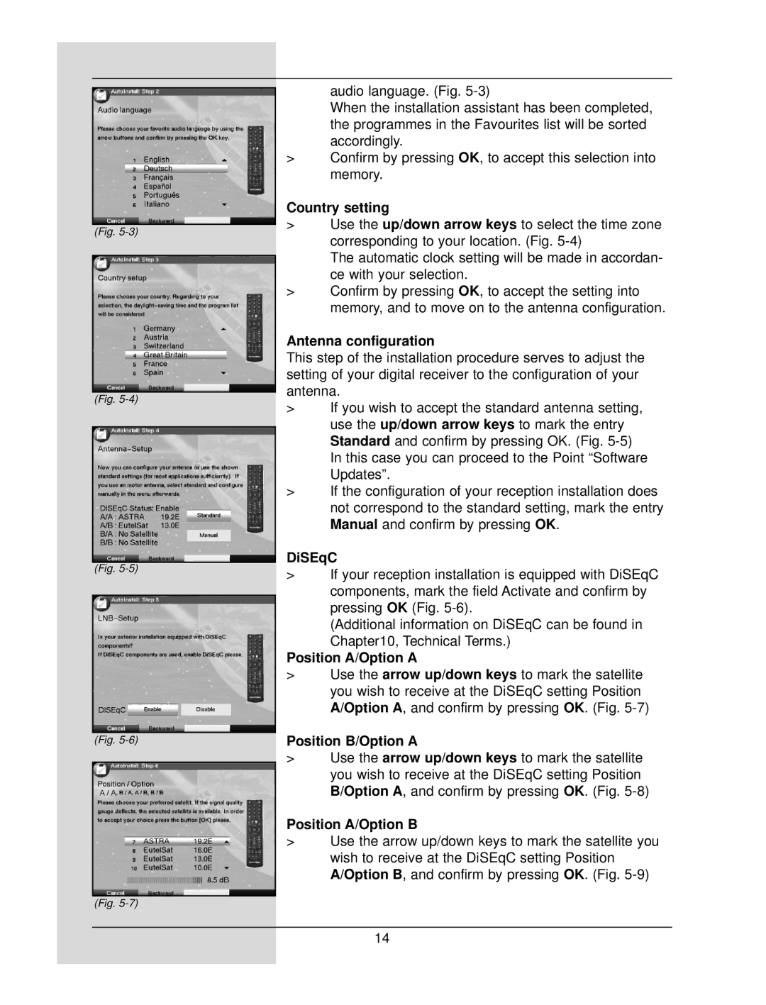 TechniSat DigiCorder S1 manual Country setting, Antenna configuration, DiSEqC, Position A/Option a, Position B/Option a 