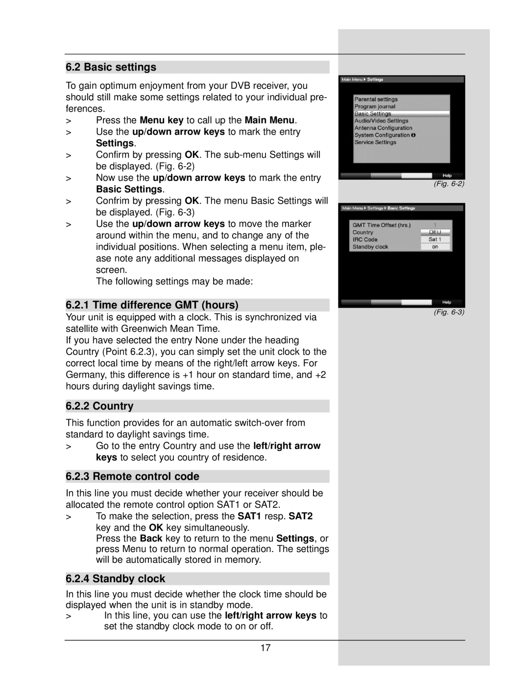 TechniSat DigiCorder S1 manual Basic settings, Time difference GMT hours, Country, Remote control code, Standby clock 