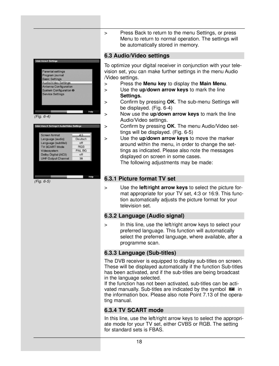 TechniSat DigiCorder S1 manual Audio/Video settings, Picture format TV set, Language Audio signal, Language Sub-titles 