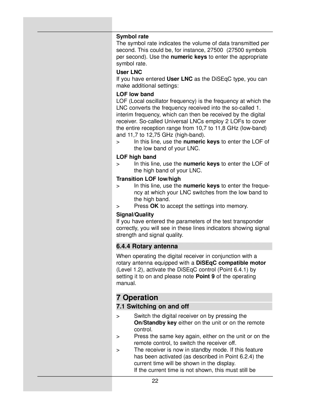 TechniSat DigiCorder S1 manual Operation, Rotary antenna, Switching on and off 