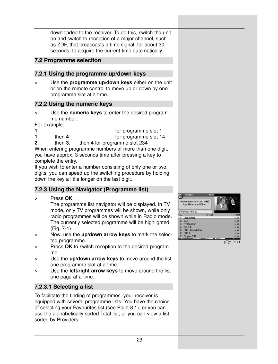 TechniSat DigiCorder S1 Programme selection Using the programme up/down keys, Using the numeric keys, Selecting a list 