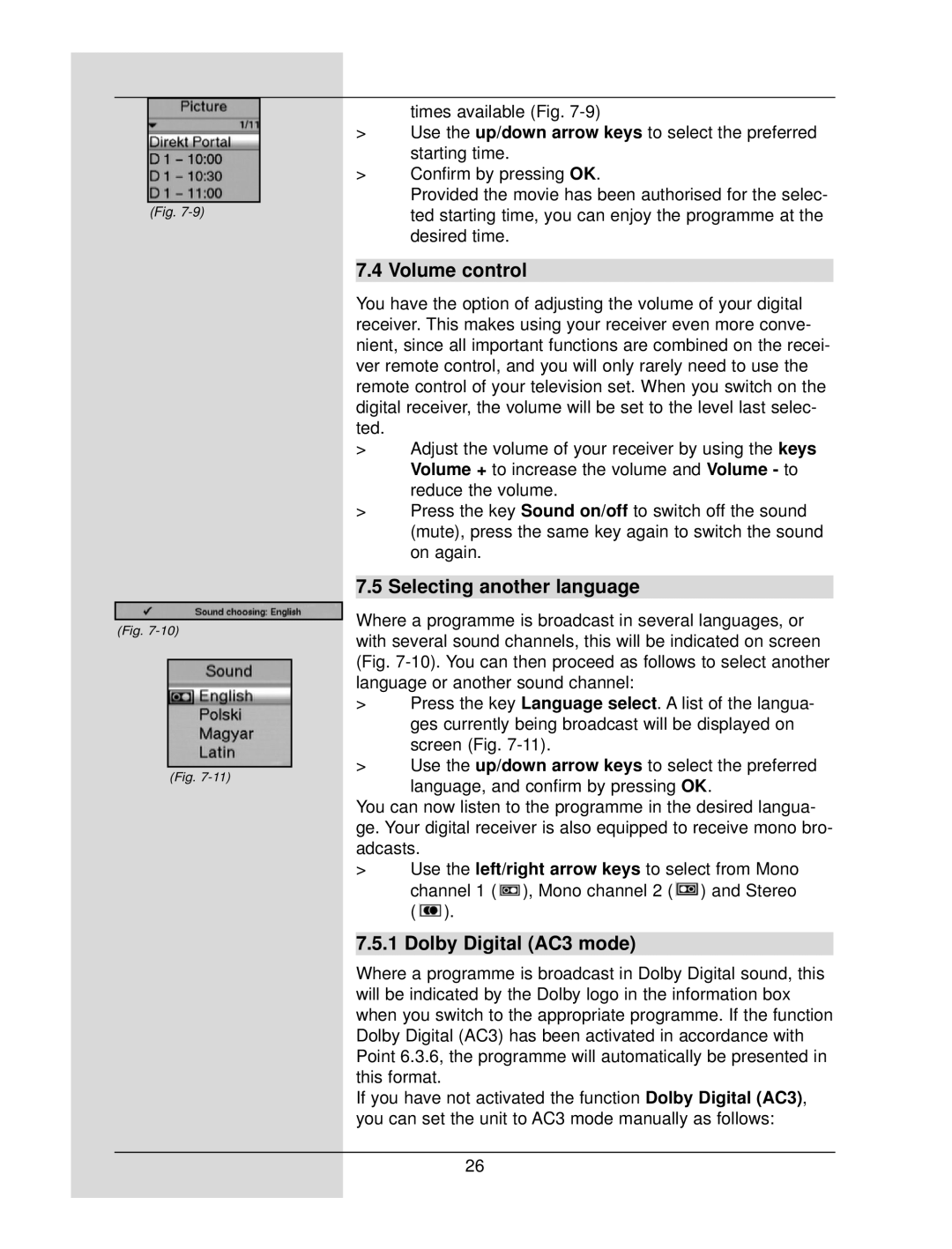 TechniSat DigiCorder S1 manual Volume control, Selecting another language, Dolby Digital AC3 mode 