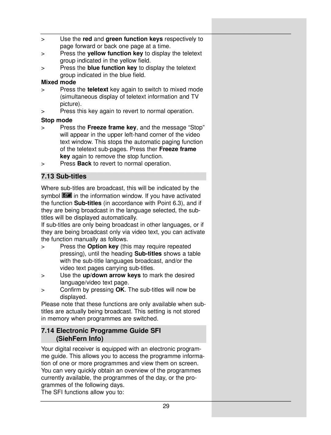 TechniSat DigiCorder S1 manual Sub-titles, Electronic Programme Guide SFI SiehFern Info, Mixed mode, Stop mode 