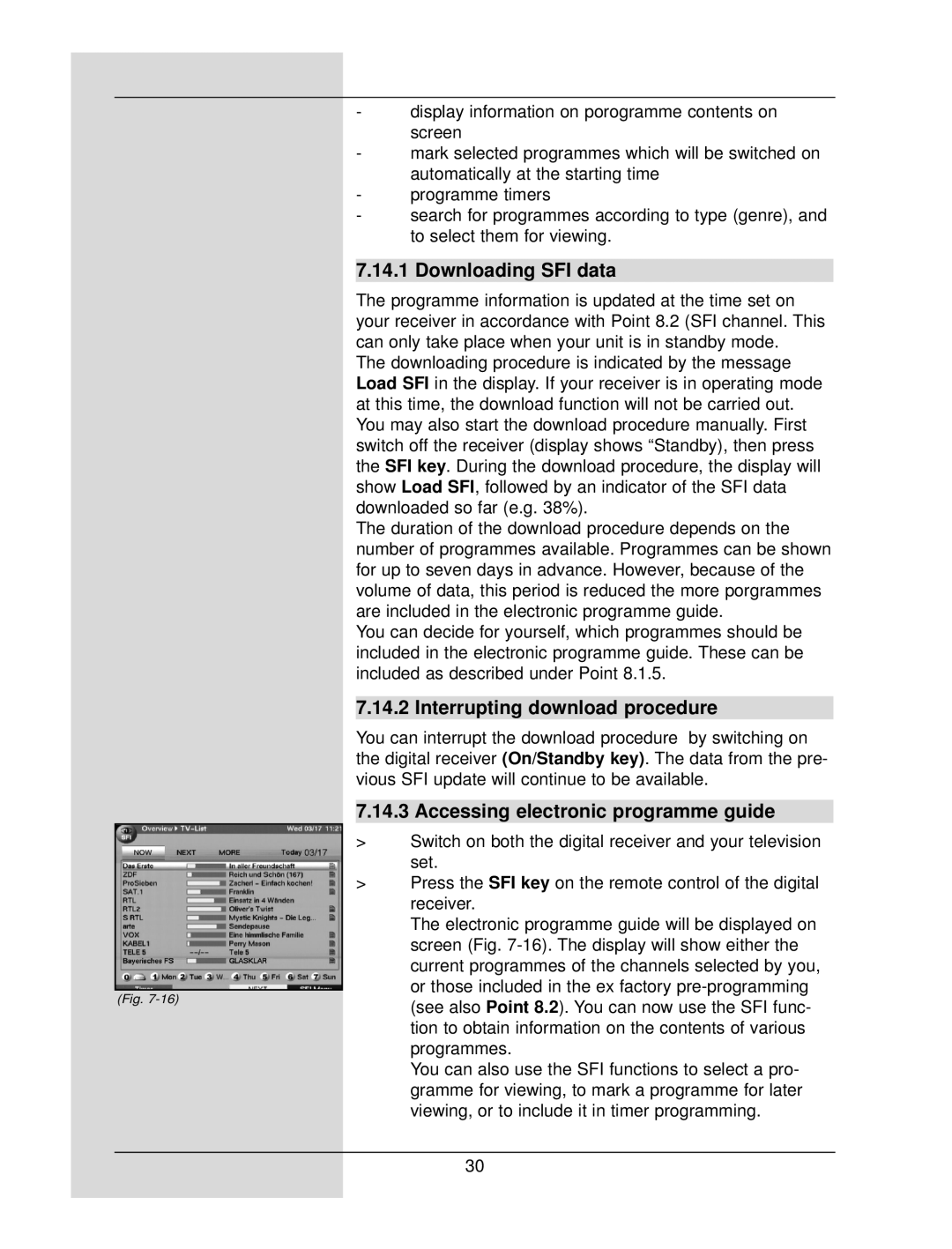 TechniSat DigiCorder S1 manual Downloading SFI data, Interrupting download procedure, Accessing electronic programme guide 