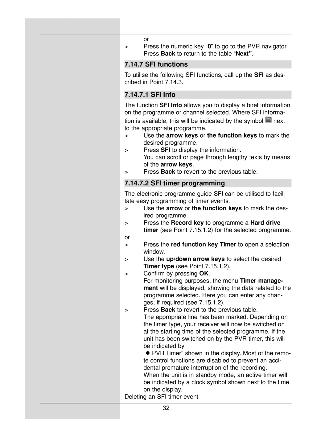 TechniSat DigiCorder S1 manual SFI functions, SFI Info, SFI timer programming 