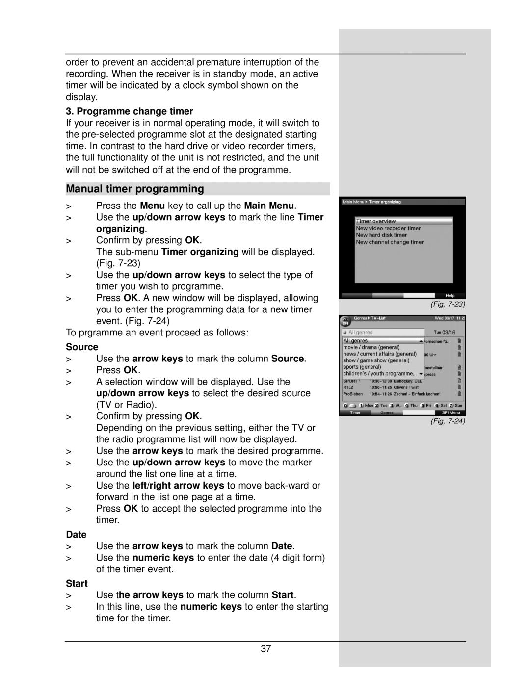 TechniSat DigiCorder S1 manual Manual timer programming, Programme change timer, Source, Date, Start 