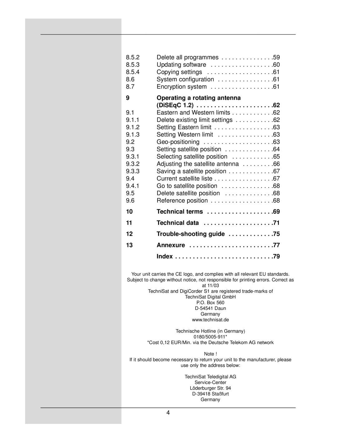 TechniSat DigiCorder S1 manual Operating a rotating antenna DiSEqC 1.2 