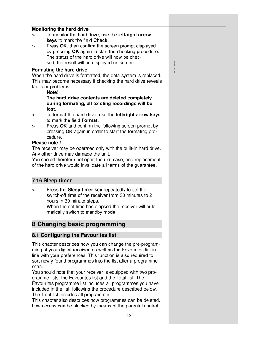 TechniSat DigiCorder S1 manual Changing basic programming, Sleep timer, Configuring the Favourites list 