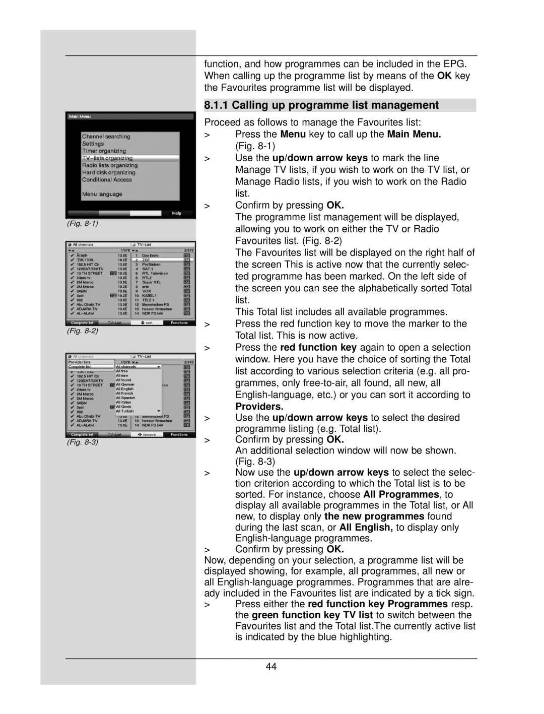 TechniSat DigiCorder S1 manual Calling up programme list management, Providers 