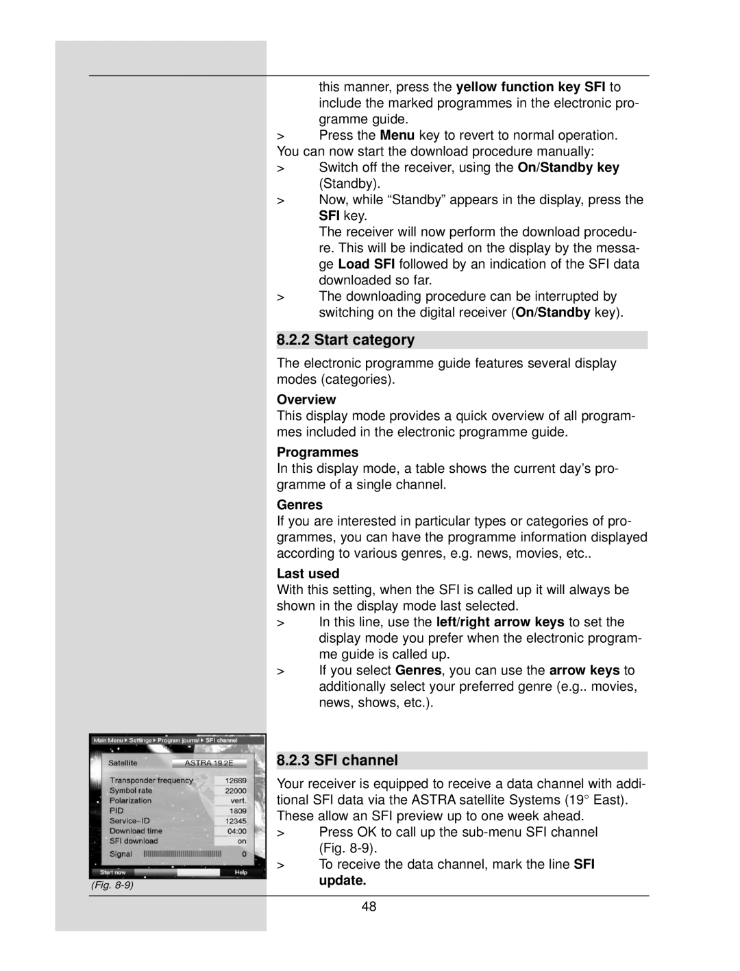 TechniSat DigiCorder S1 manual Start category, SFI channel 