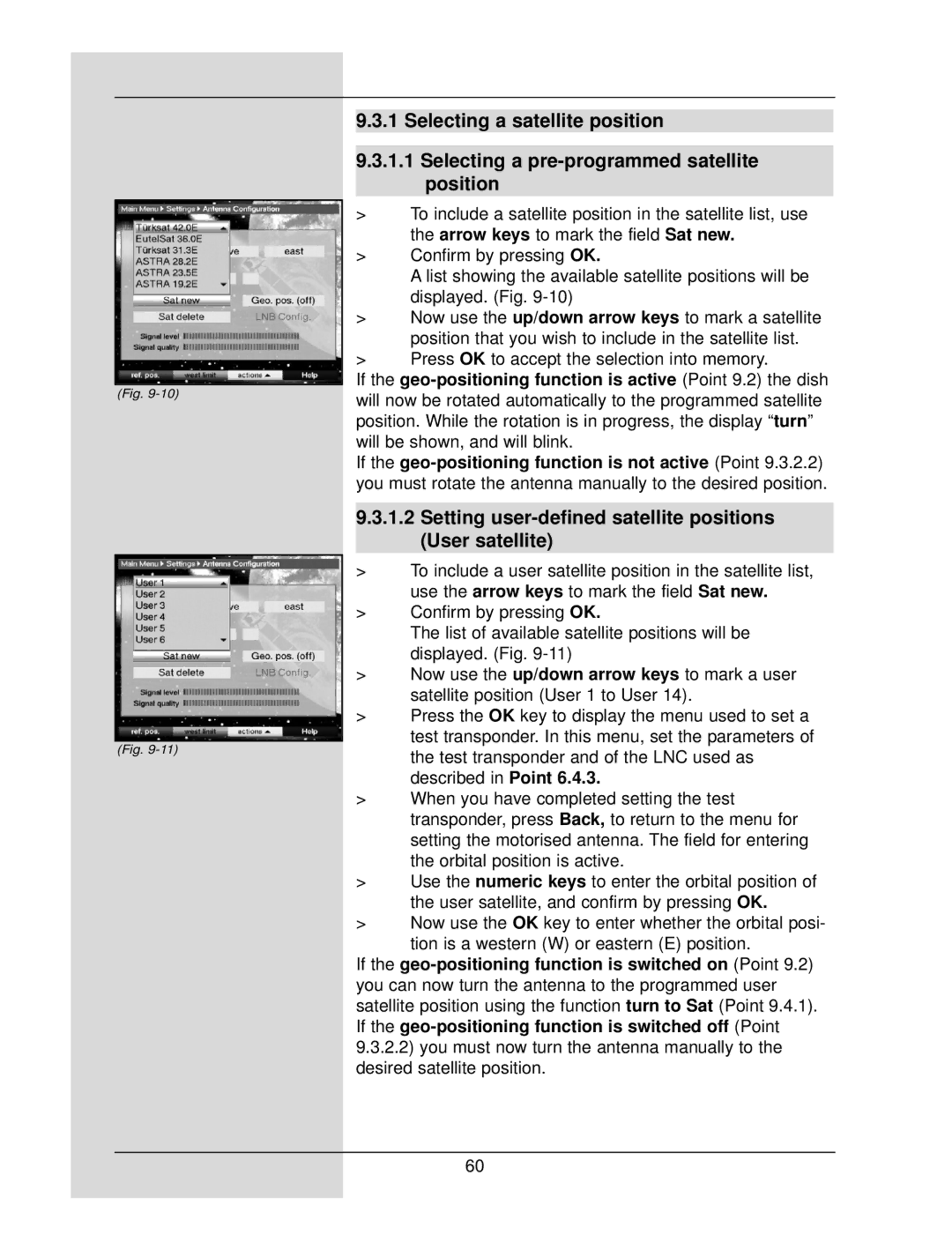 TechniSat DigiCorder S1 manual Setting user-defined satellite positions User satellite 