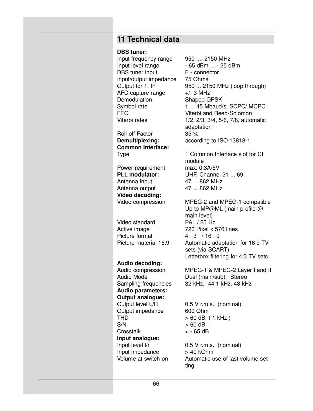 TechniSat DigiCorder S1 manual Technical data, DBS tuner, Demultiplexing Common Interface 