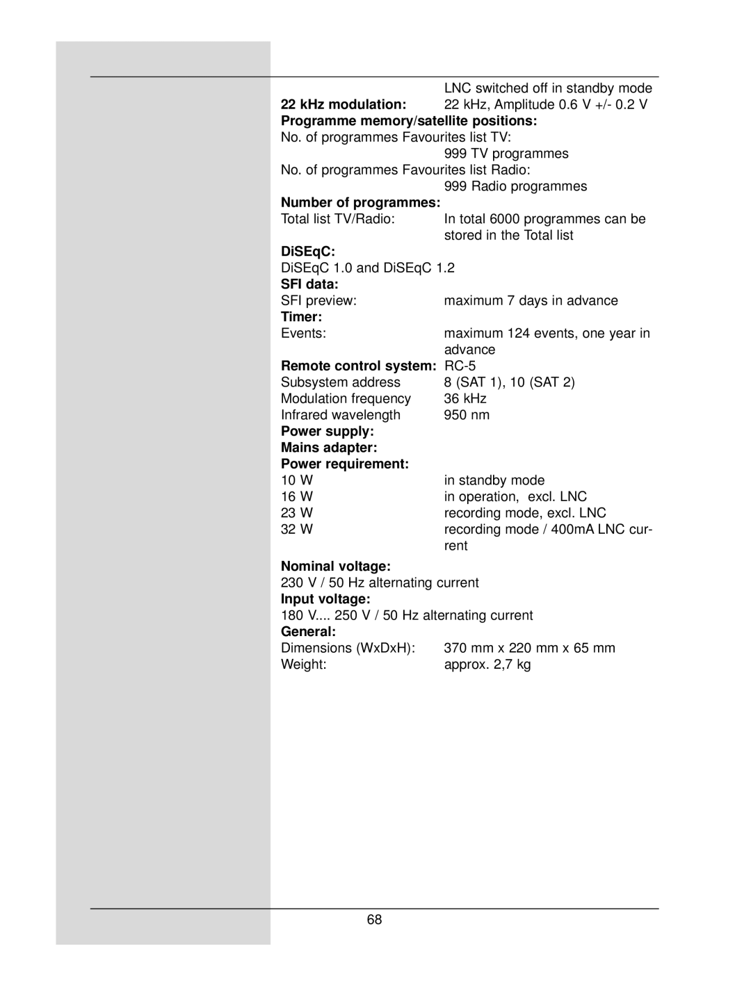 TechniSat DigiCorder S1 manual Programme memory/satellite positions, Number of programmes, SFI data, Timer, Nominal voltage 