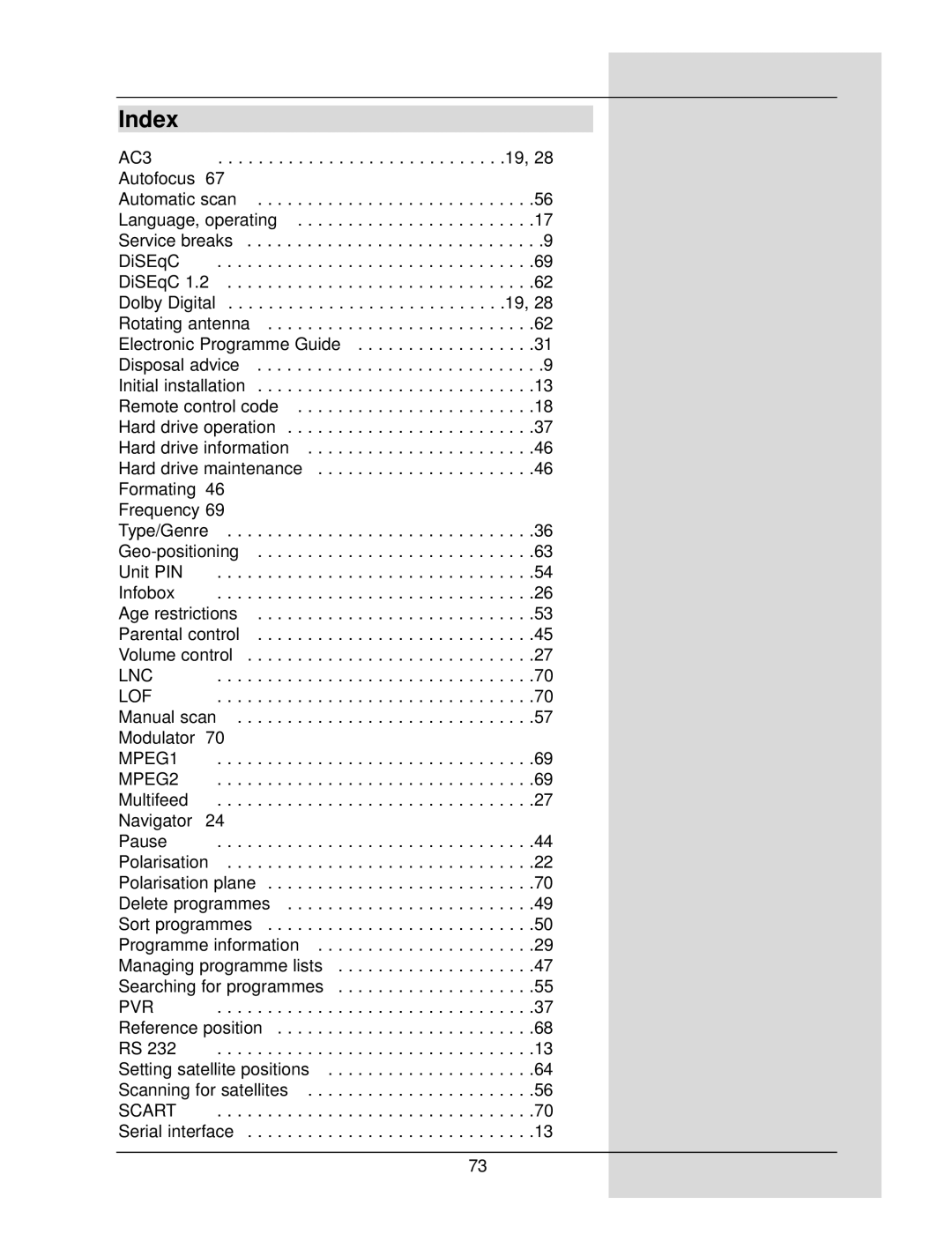 TechniSat DigiCorder S1 manual Index, AC3 