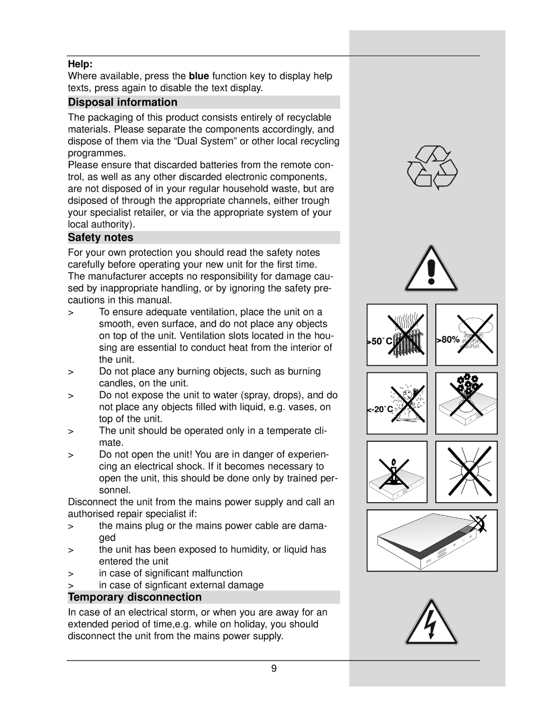 TechniSat DigiCorder S1 manual Disposal information, Safety notes, Temporary disconnection, Help 