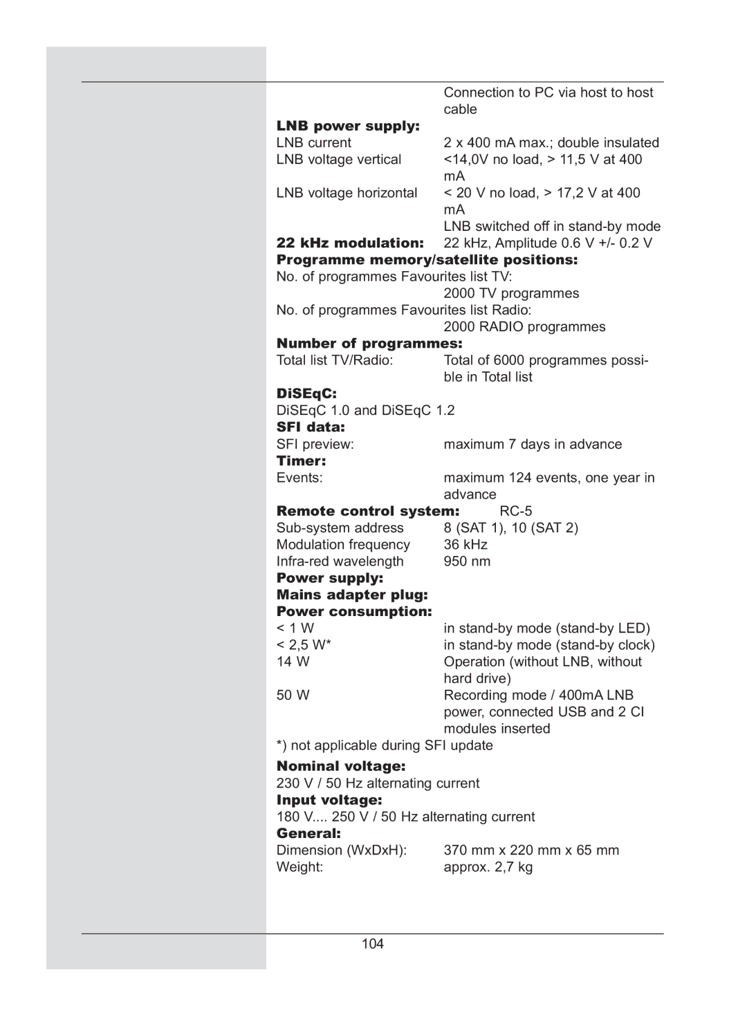 TechniSat DigiCorder S2 manual Number of programmes, SFI data, Timer, Remote control system, Nominal voltage, Input voltage 