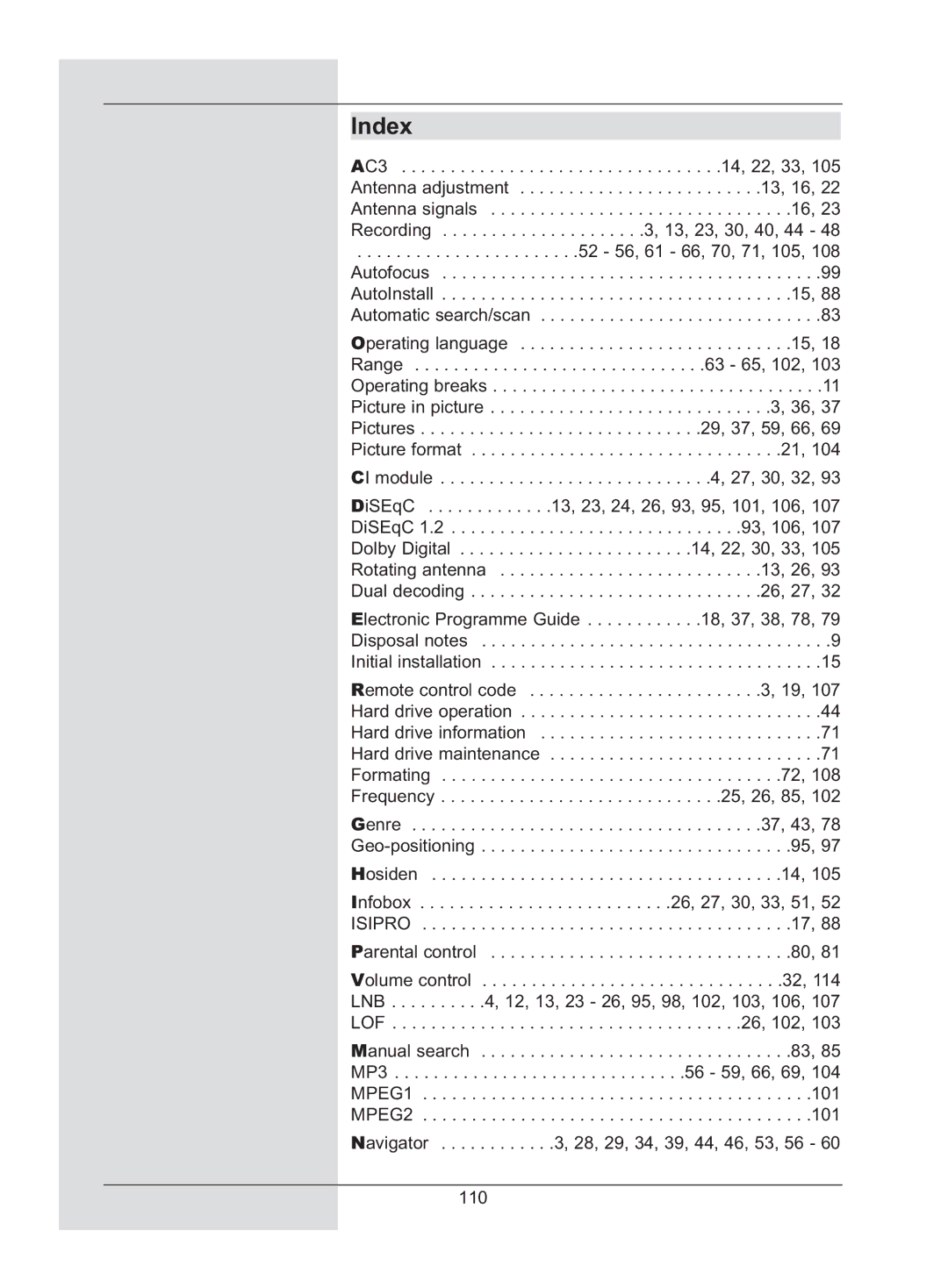 TechniSat DigiCorder S2 manual Index 