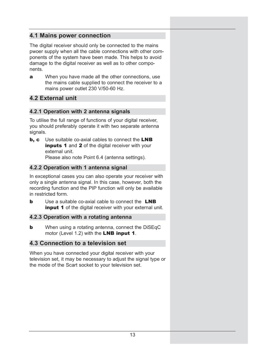 TechniSat DigiCorder S2 manual Mains power connection, External unit, Connection to a television set 