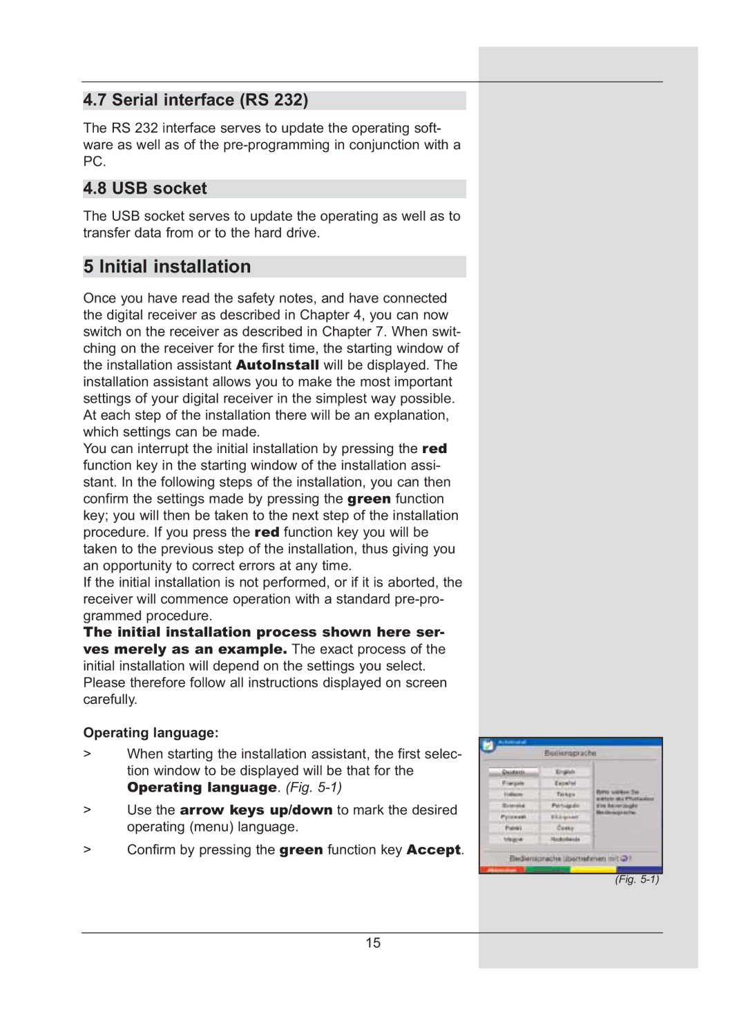 TechniSat DigiCorder S2 manual Initial installation, Serial interface RS, USB socket, Operating language. Fig 