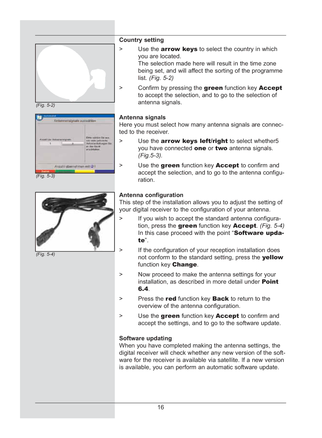 TechniSat DigiCorder S2 manual Country setting, Antenna signals, Antenna configuration, Software updating 