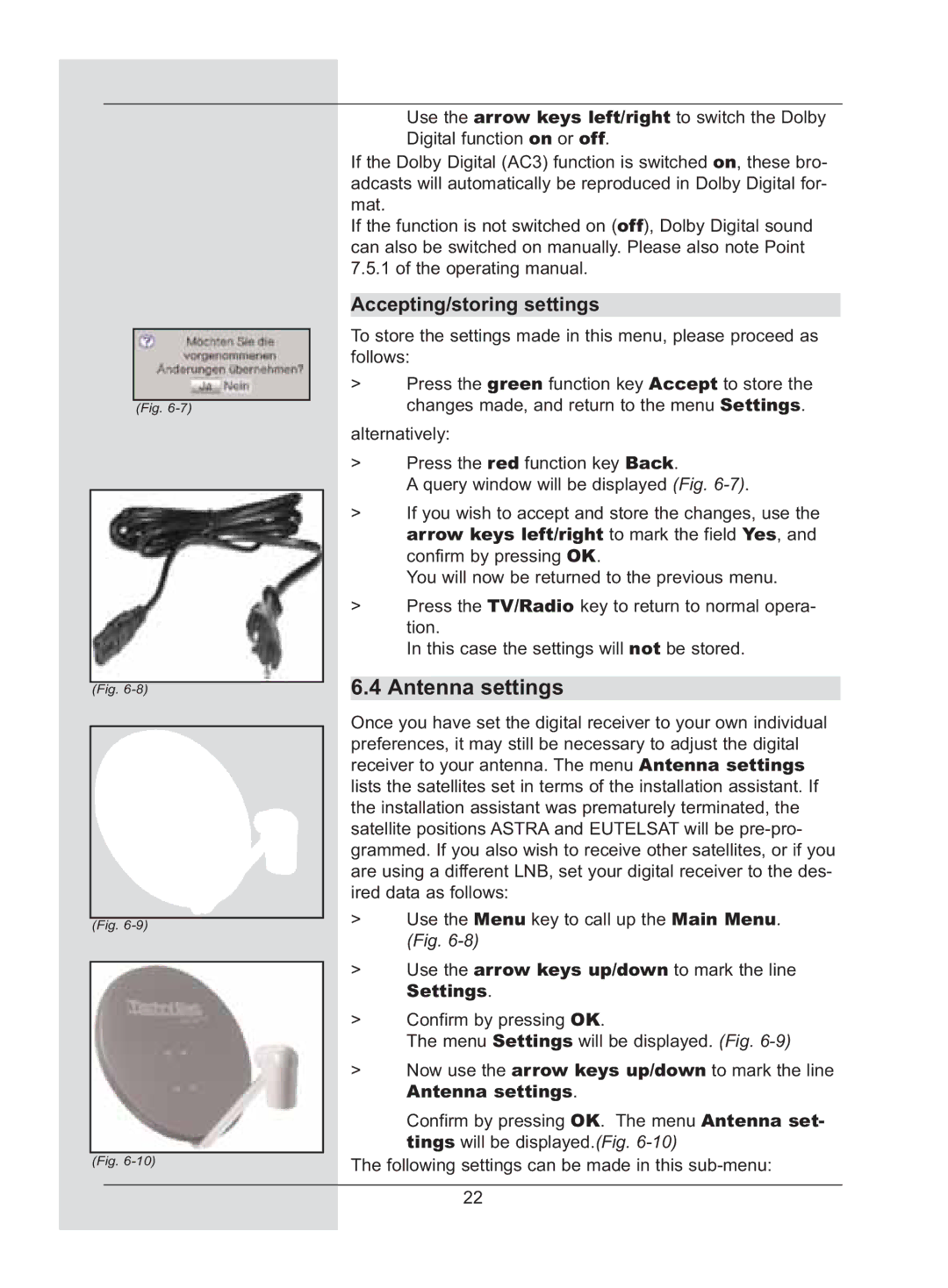 TechniSat DigiCorder S2 manual Antenna settings, Accepting/storing settings 