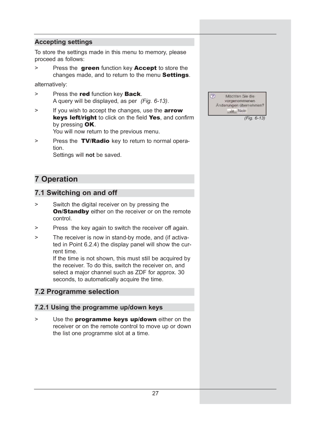 TechniSat DigiCorder S2 manual Operation, Switching on and off, Programme selection, Using the programme up/down keys 