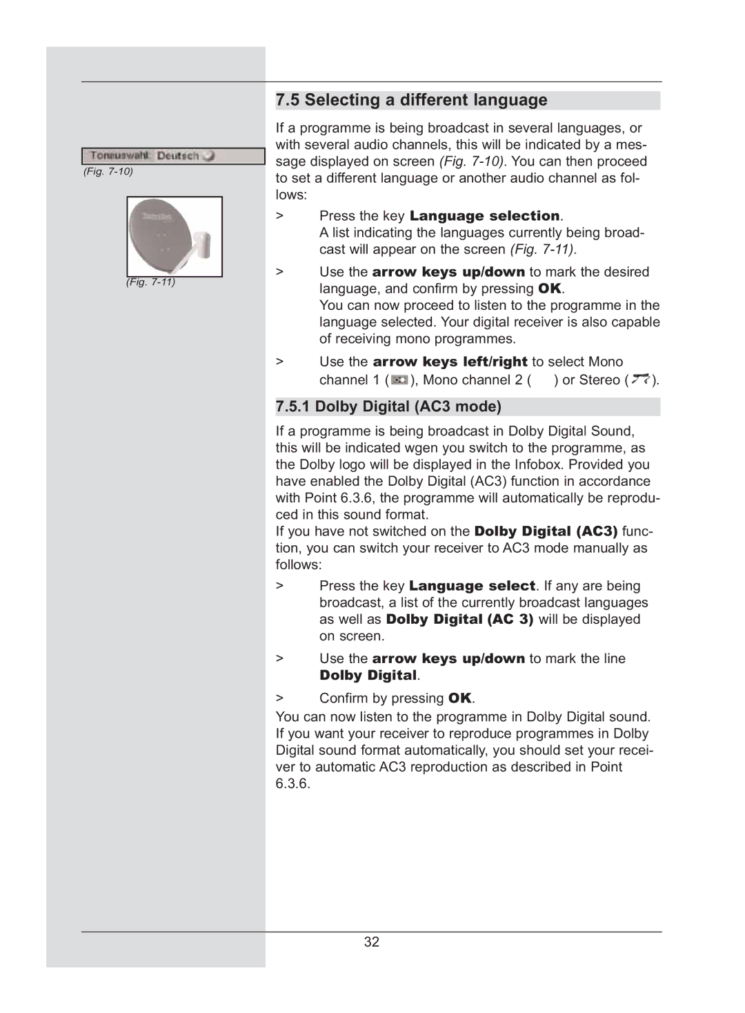 TechniSat DigiCorder S2 manual Selecting a different language, Dolby Digital AC3 mode, Press the key Language selection 