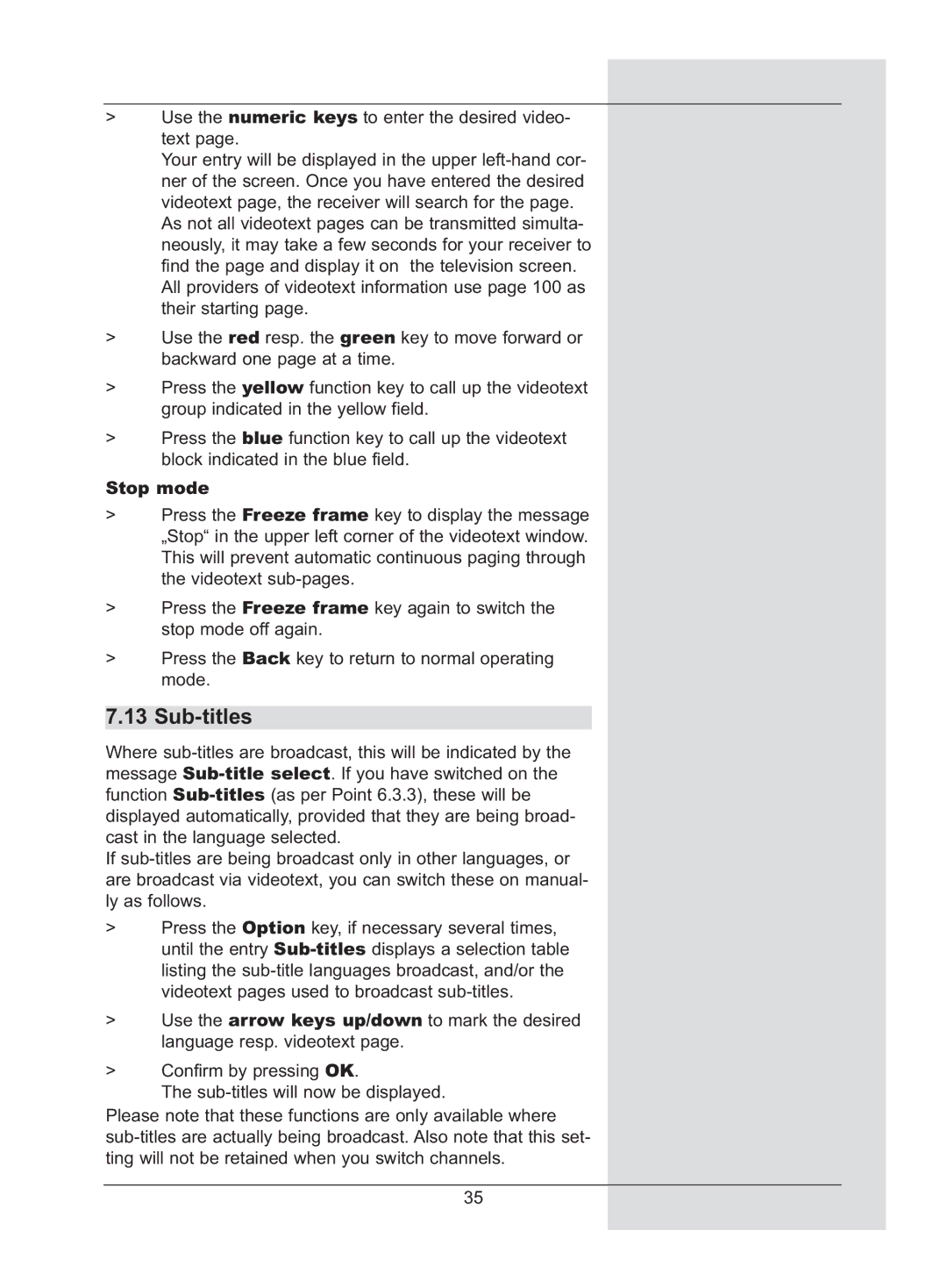 TechniSat DigiCorder S2 manual Sub-titles, Stop mode 