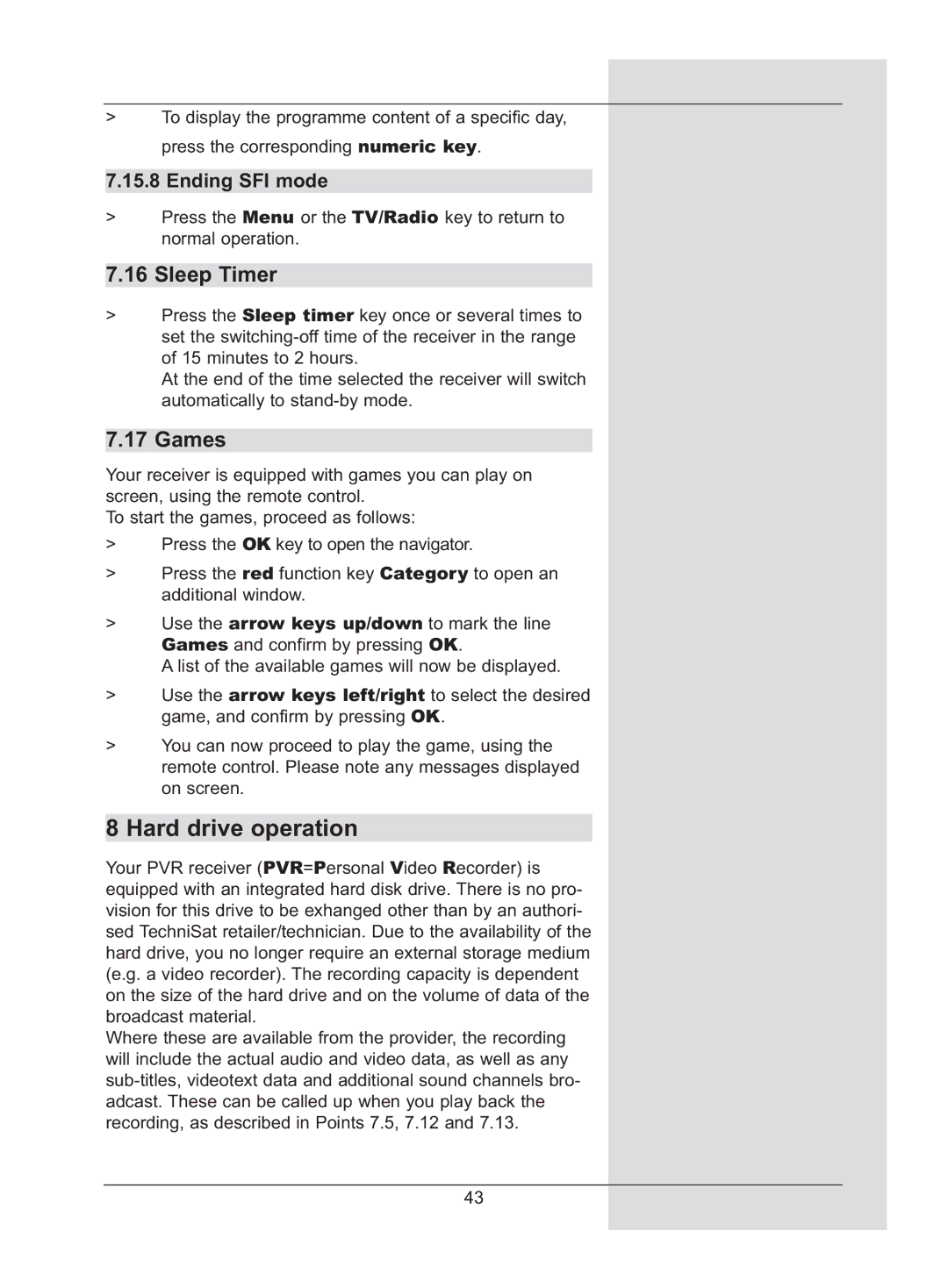 TechniSat DigiCorder S2 manual Hard drive operation, Sleep Timer, Games, Ending SFI mode 