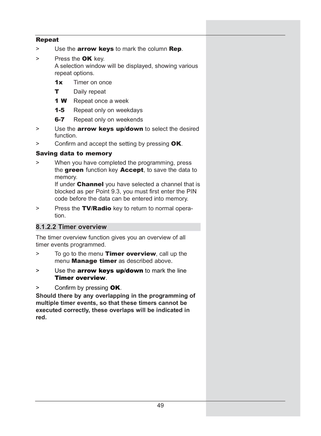 TechniSat DigiCorder S2 manual Timer overview, Repeat, Saving data to memory 