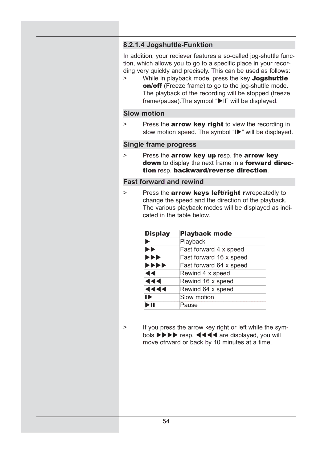 TechniSat DigiCorder S2 manual Jogshuttle-Funktion, Slow motion, Single frame progress, Display Playback mode 