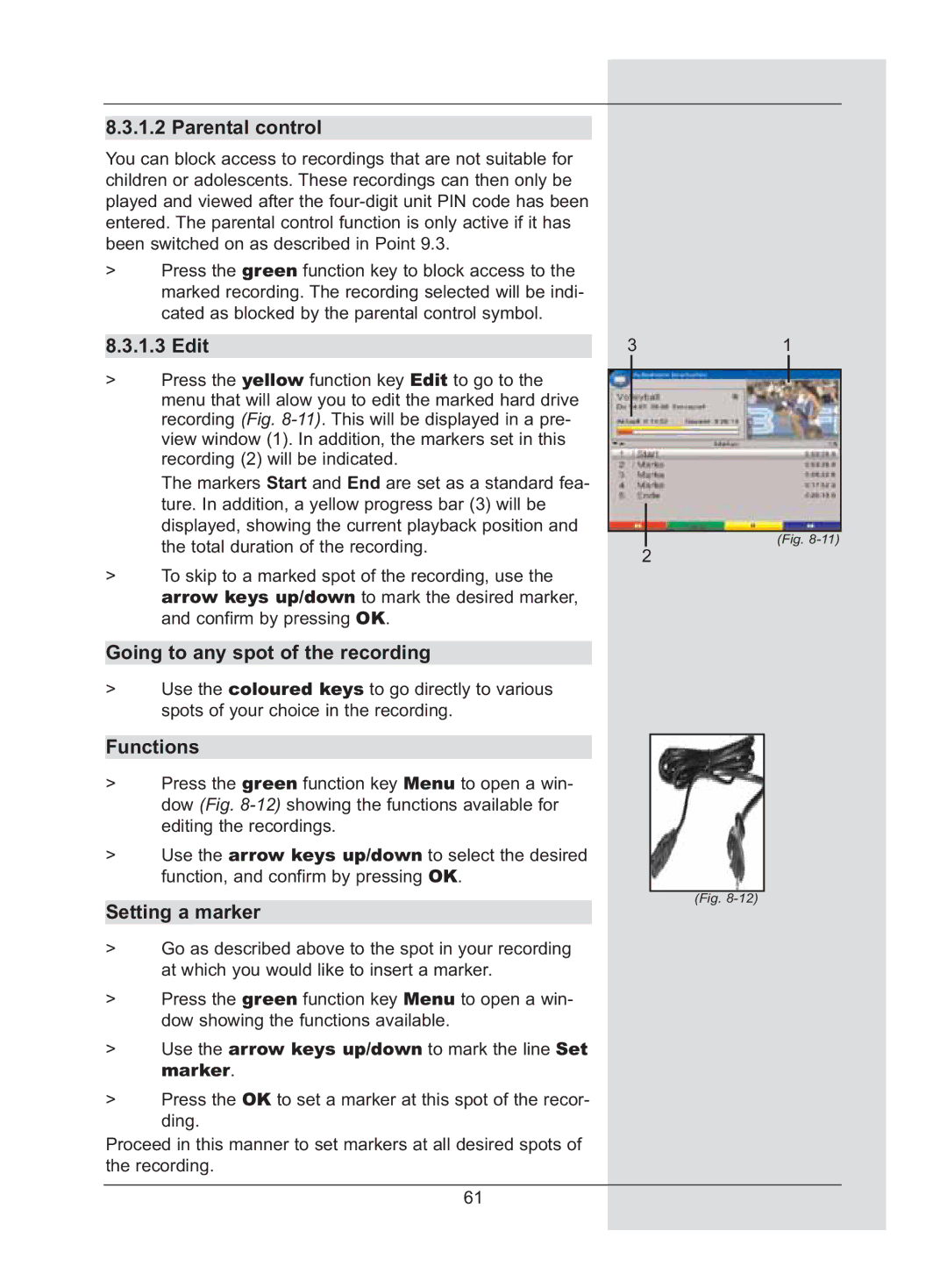 TechniSat DigiCorder S2 manual Parental control, Edit, Going to any spot of the recording, Functions, Setting a marker 