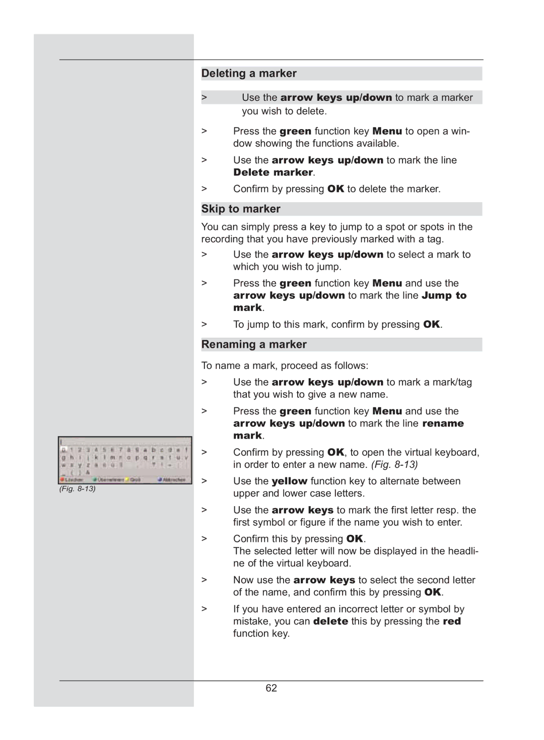 TechniSat DigiCorder S2 manual Deleting a marker, Skip to marker, Renaming a marker, Delete marker 