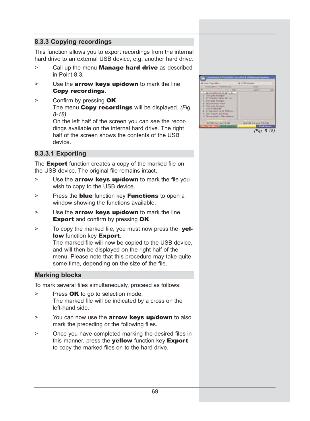 TechniSat DigiCorder S2 manual Copying recordings, Exporting, Marking blocks, Copy recordings 