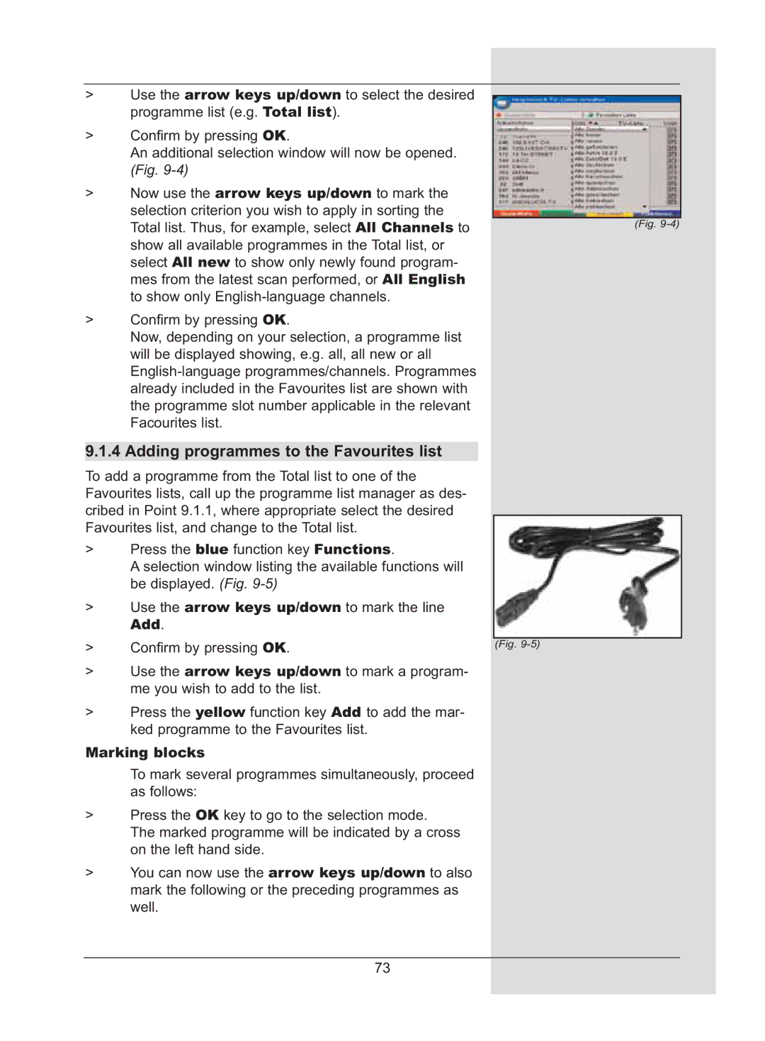 TechniSat DigiCorder S2 manual Adding programmes to the Favourites list, Marking blocks 