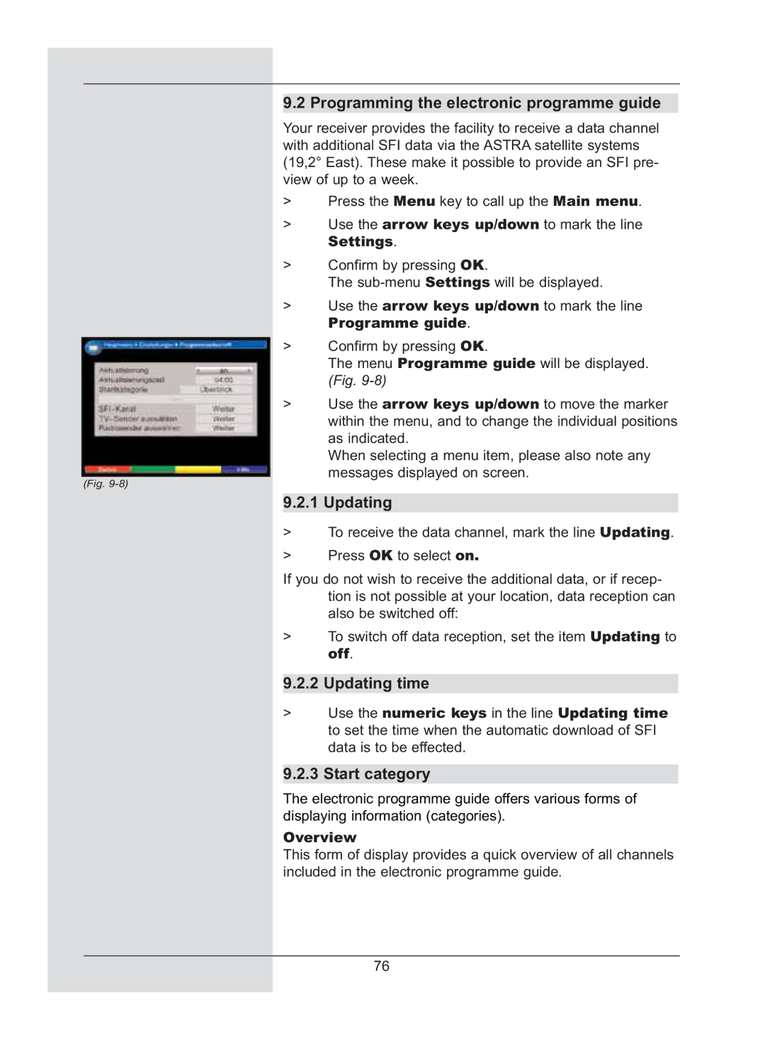 TechniSat DigiCorder S2 manual Programming the electronic programme guide, Updating time, Start category 