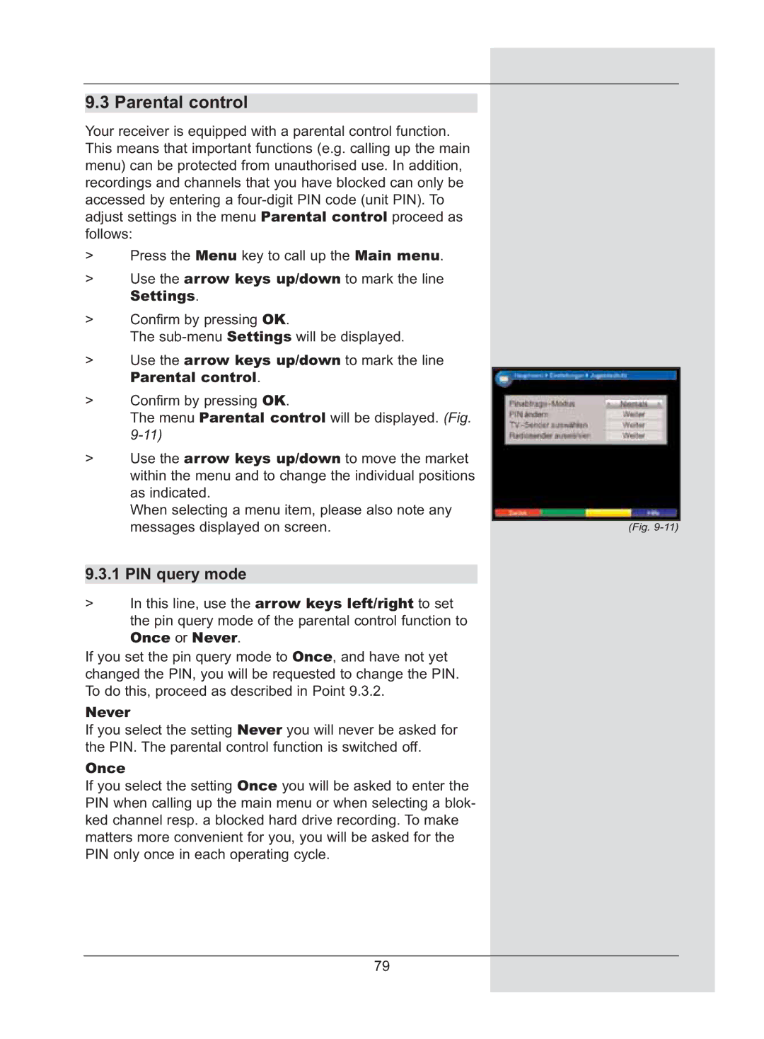 TechniSat DigiCorder S2 manual Parental control, PIN query mode 