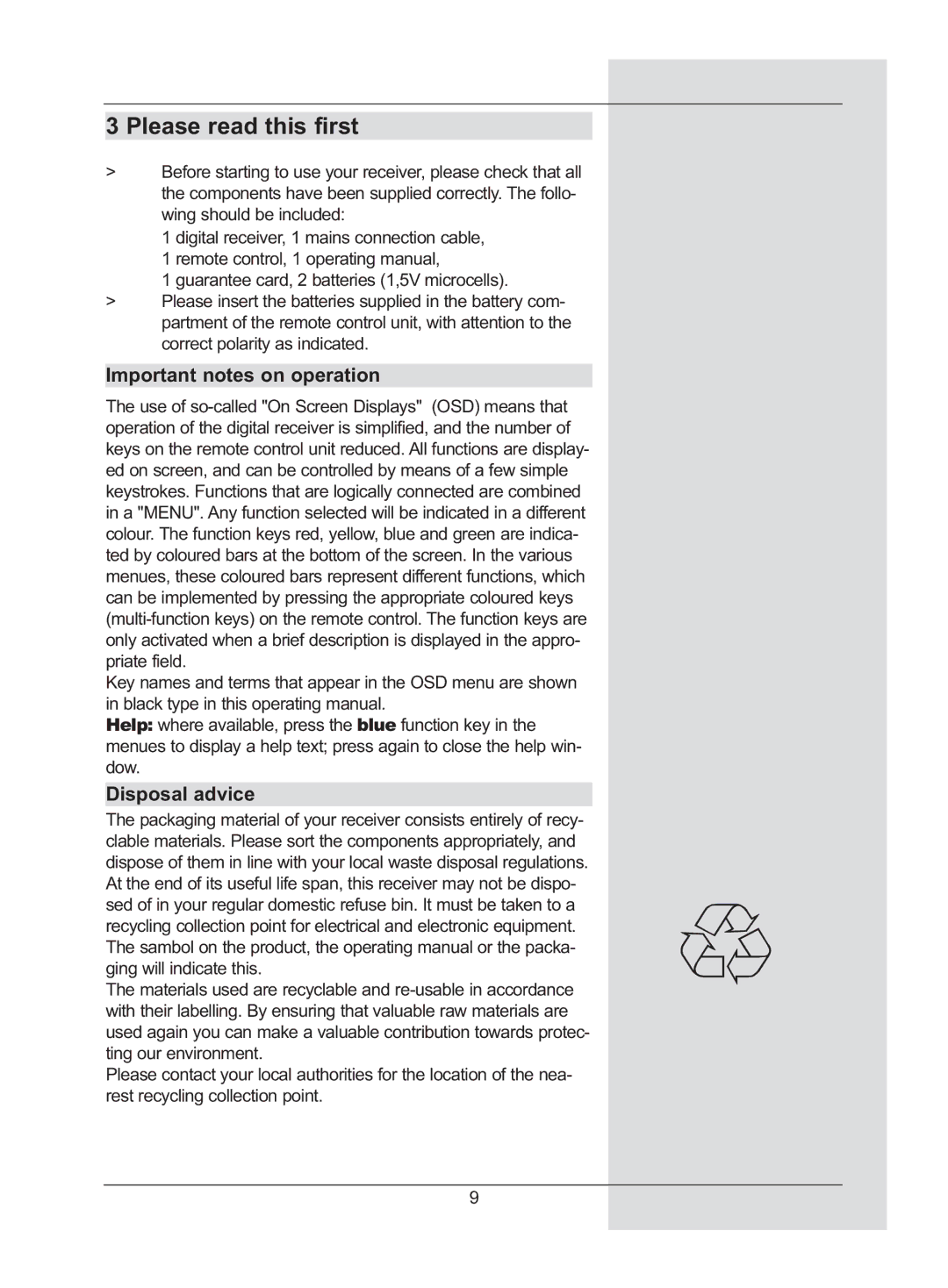 TechniSat DigiCorder S2 manual Please read this first, Important notes on operation, Disposal advice 